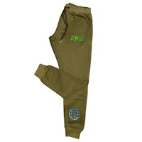 a pair of green sweatpants with a logo on them