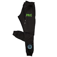 a black sweatpants with a green logo on them